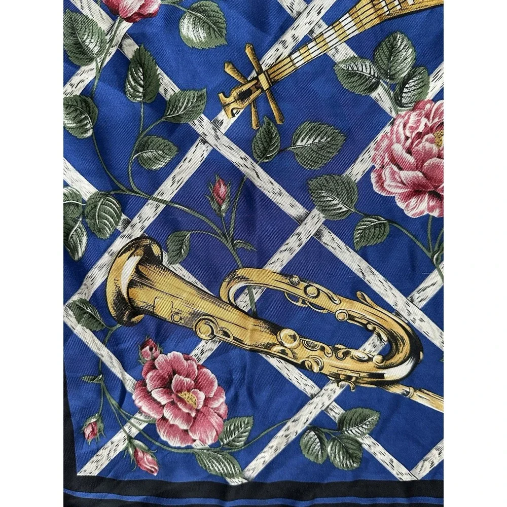 1980s Boston Museum of Fine Arts MFA Musical Instruments Floral Silk Scarf 34x34